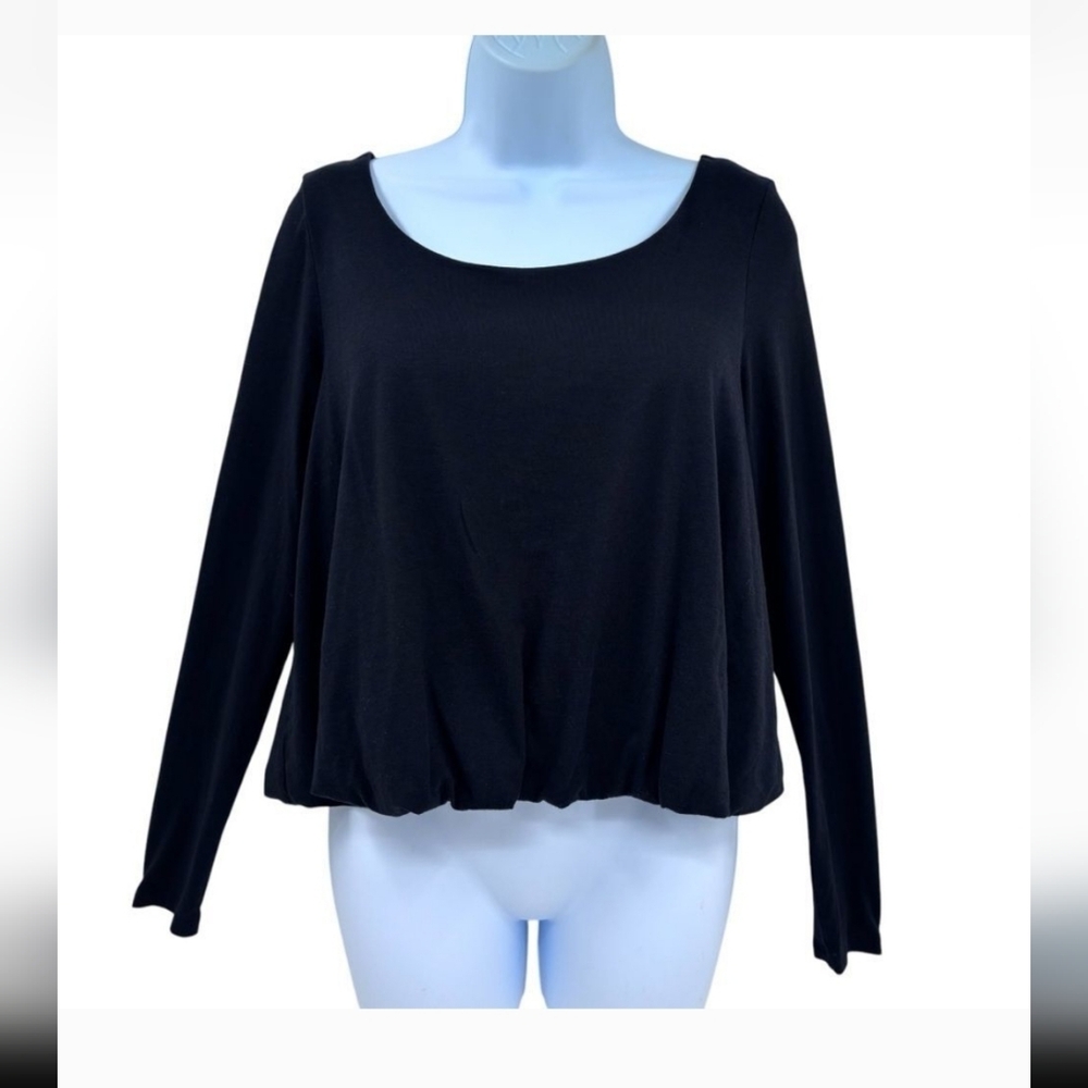 Peruvian Connection Pima Cotton Blend Long Sleeve Bubble Hem Black Top Sz. Xs